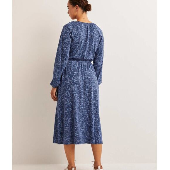 Boden Scoop Neck Jersey Midi Dress Riviera Blue Floral Elastic Waist Long Sleeve - Picture 5 of 13